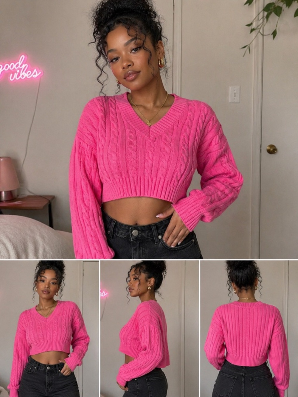 Madden NYC Women's Bright Pink Cable-Knit V-Neck Sweater